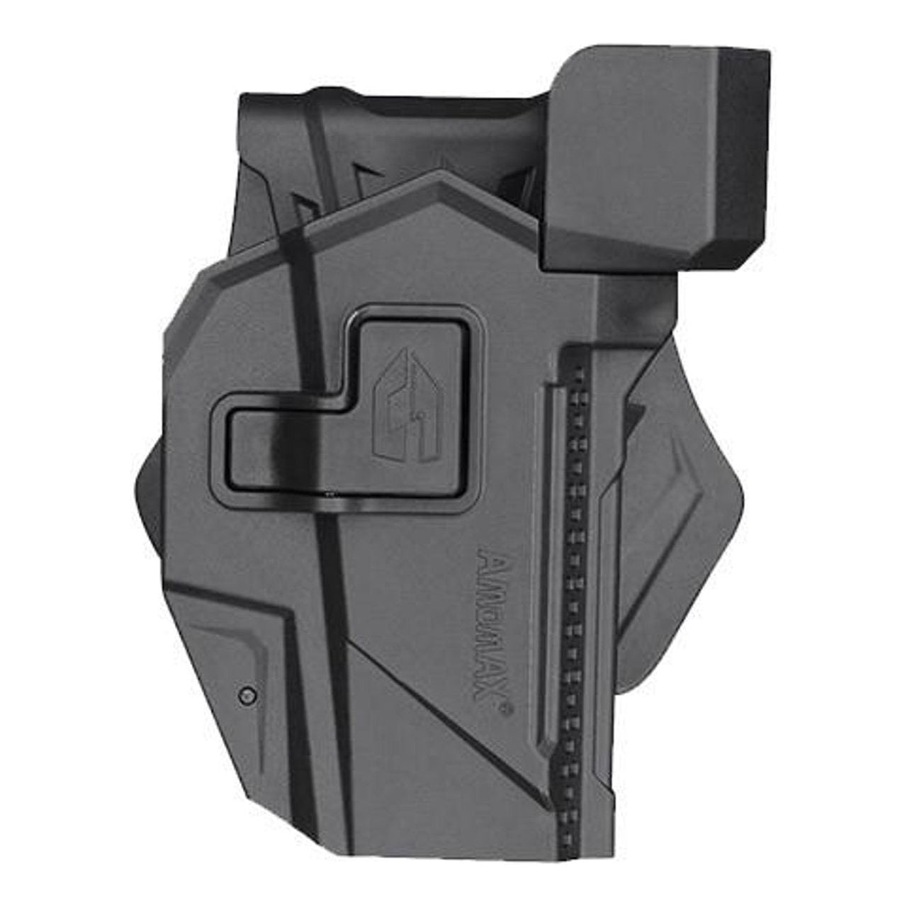 Black Amomax Gen 2 rigid holster for Glock 17/19, featuring durable polymer construction, integrated red dot sight cover, secure locking mechanism, and adjustable angle for comfortable and reliable carry