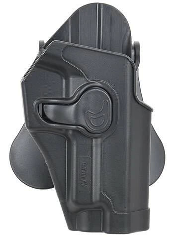 Black Amomax Gen 2 rigid holster for Sig Sauer pistols, featuring durable polymer construction, adjustable 360-degree rotation, and secure locking retention for versatile and reliable carry.
