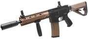Arcturus LWT MK-II CQB 10" AEG airsoft rifle black/tan left angle view of muzzle, magazine, iron sight, rifle stock, trigger, and pistol grip
