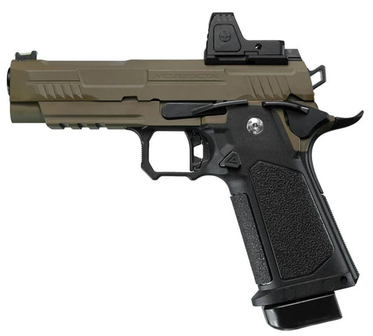 ARCTURUS Vanguard 4.3" Hi-Capa GBB Airsoft Pistol w/ Optics Ready Slide & ARS-1 Red Dot Combo, Black/Tan left side view showing red dot sight, grip, and trigger