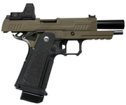 ARCTURUS Vanguard 4.3" Hi-Capa GBB Airsoft Pistol w/ Optics Ready Slide & ARS-1 Red Dot Combo, Black/Tan hammer sliding back
