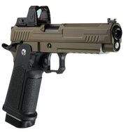 ARCTURUS Vanguard 5" Hi-Capa GBB Airsoft Pistol w/ Optics Ready Slide & ARS-1 Red Dot Combo, Black/Tan right side view showing red dot side, trigger, and Pistol grip