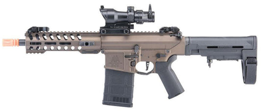 ARES 308S Airsoft AEG Rifle in Tan/Black with bronze accents left side profile