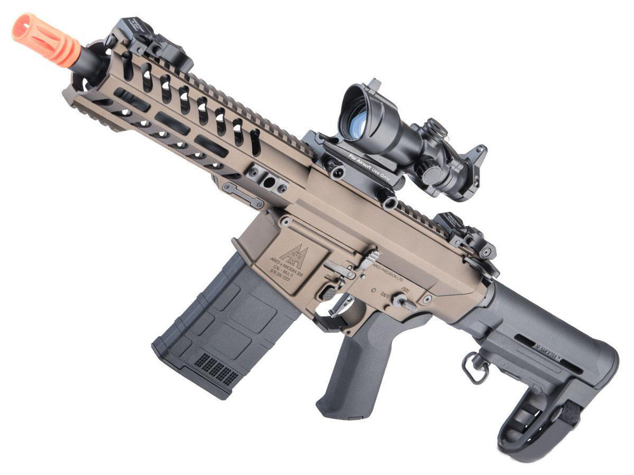 ARES 308S Airsoft AEG Rifle in Tan/Black with bronze accents left side view with muzzle, magazine, optional scope, trigger, stock, and pistol grip 