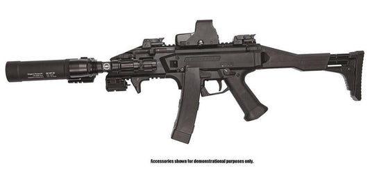 ASG CZ Scorpion EVO 3 A1 HPA Edition full profile view with magazine - with laser sight and moc silencer 
