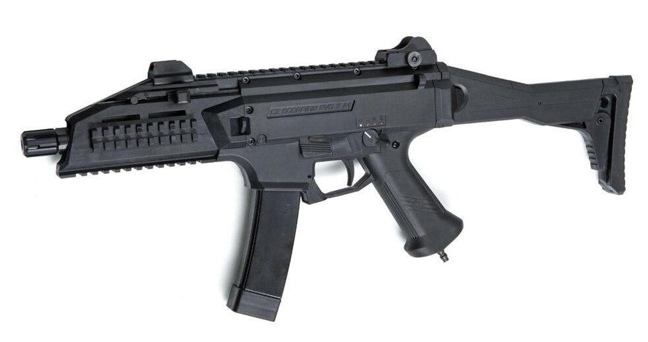 ASG CZ Scorpion EVO 3 A1 Airsoft SMG rear view displaying stock and Wolverine HPA connection setup