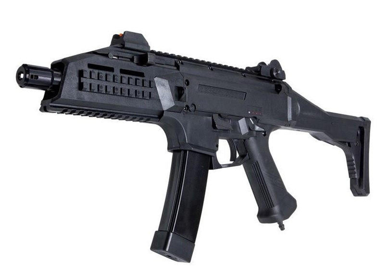 Close-up of the CZ Scorpion EVO 3 A1 HPA Airsoft SMG trigger and grip, featuring Wolverine HPA internals and realistic build quality