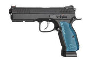 ASG CZ Shadow 2 CO2 Gas Blowback Airsoft Pistol, Black / Blue, left side vide showing trigger, muzzle, and pistol grip