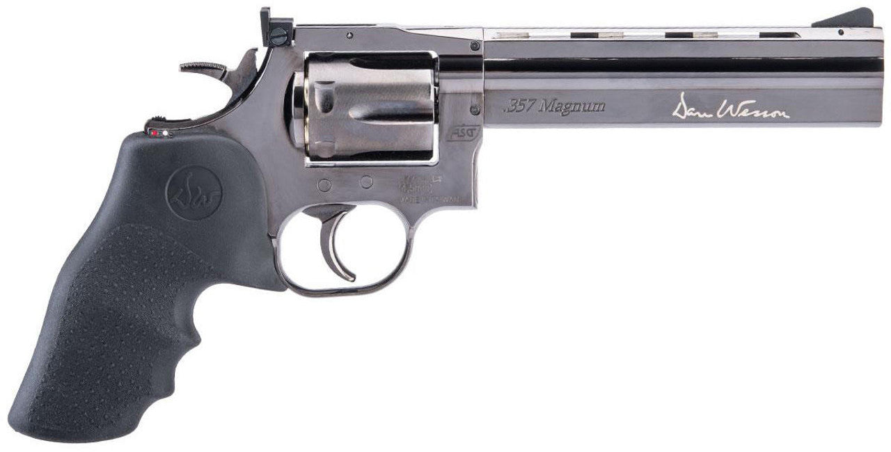 ASG Dan Wesson 715 6" CO2 Airgun Revolver, Silver right side view with the engraving that says .357 Magnum and Dan Wesson