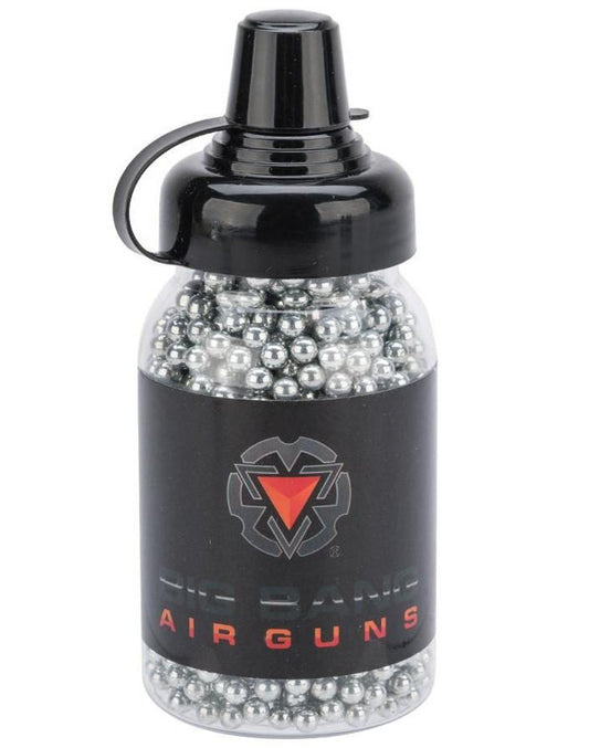 Close-up of zinc-plated steel .177 cal BBs, silver finish, 4.5mm precision airgun ammunition