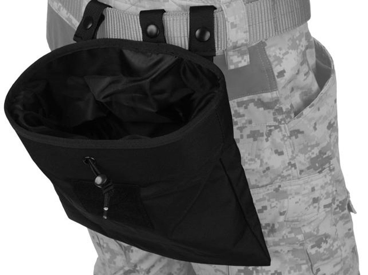 "Black Lancer Tactical 341BN Nylon Large Foldable Dump Pouch, lightweight at 9.3 oz (0.58 lbs), made from durable 600D nylon, measures 11.25"x11.25", versatile for tactical use.