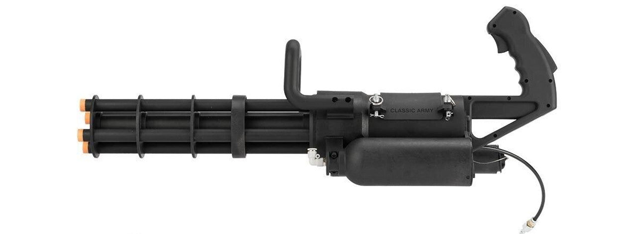 Classic Army M132 Micro Vulcan Airsoft Microgun front view with rotating barrels