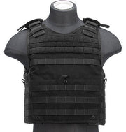 Front view of Code 11 Medium Exo Plate Carrier in Black, showcasing the MOLLE/PALS webbing and adjustable straps for a customizable fit