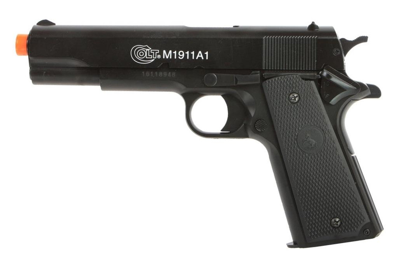 Colt M1911 Spring Airsoft Pistol with Black Finish and Metal Slide – Side View