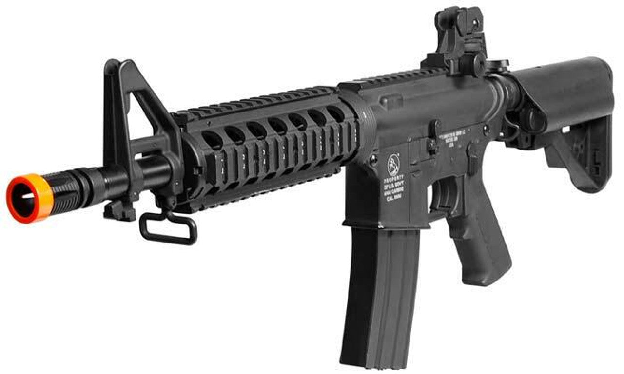Colt M4 CQB Full Metal RIS AEG Airsoft Rifle – left angle view of muzzle, iron sight, rail, magazine, pistol grip, stock