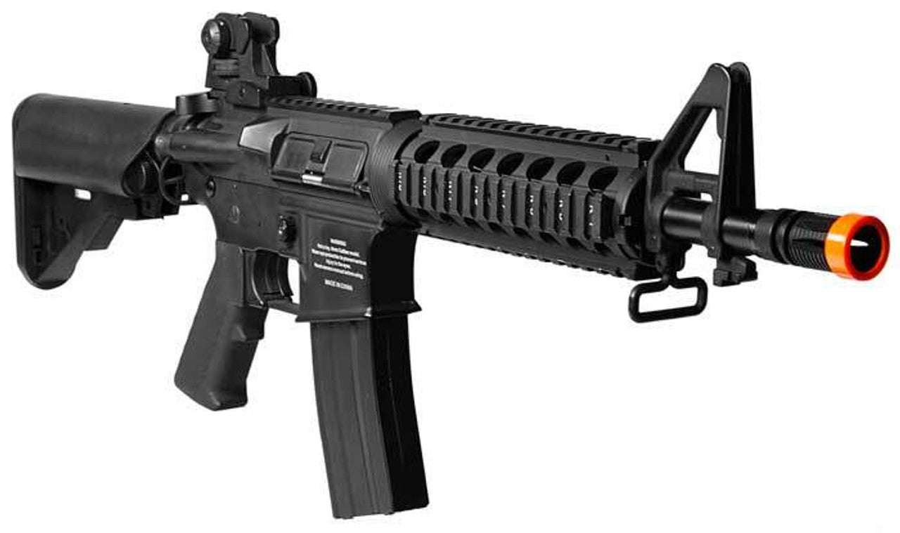 Colt M4 CQB Full Metal RIS AEG Airsoft Rifle – right angle view of muzzle, rail, receiver, iron sight and full rifle
