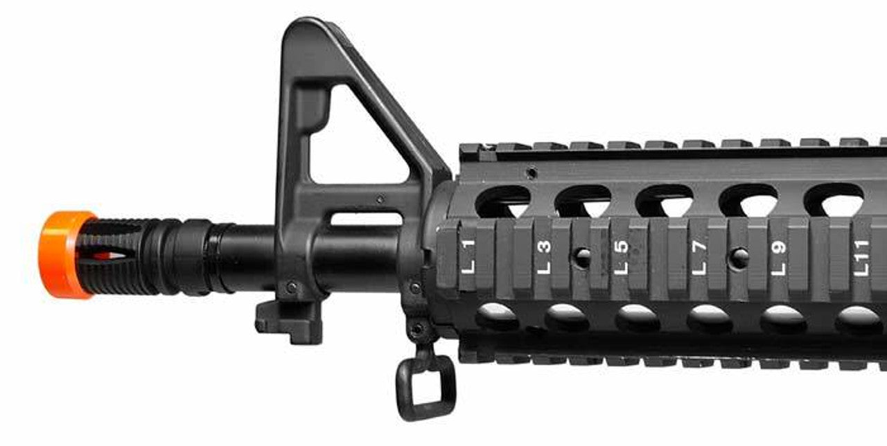 Colt M4 CQB Full Metal RIS AEG Airsoft Rifle – front view of muzzle, iron sigh, rail, and sling clip