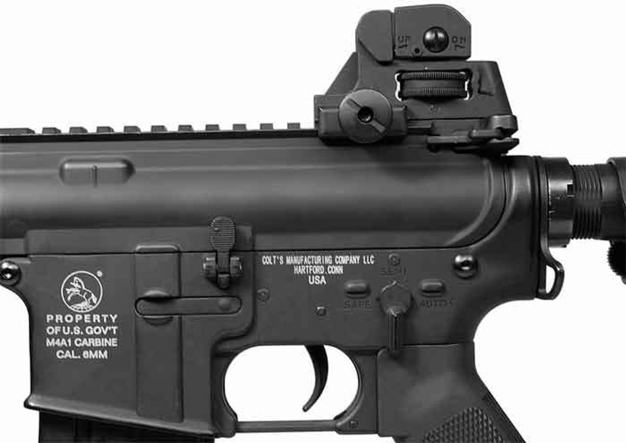 Colt M4 CQB Full Metal RIS AEG Airsoft Rifle – left side view with Colt log, trigger, firing mode switch, and iron sight