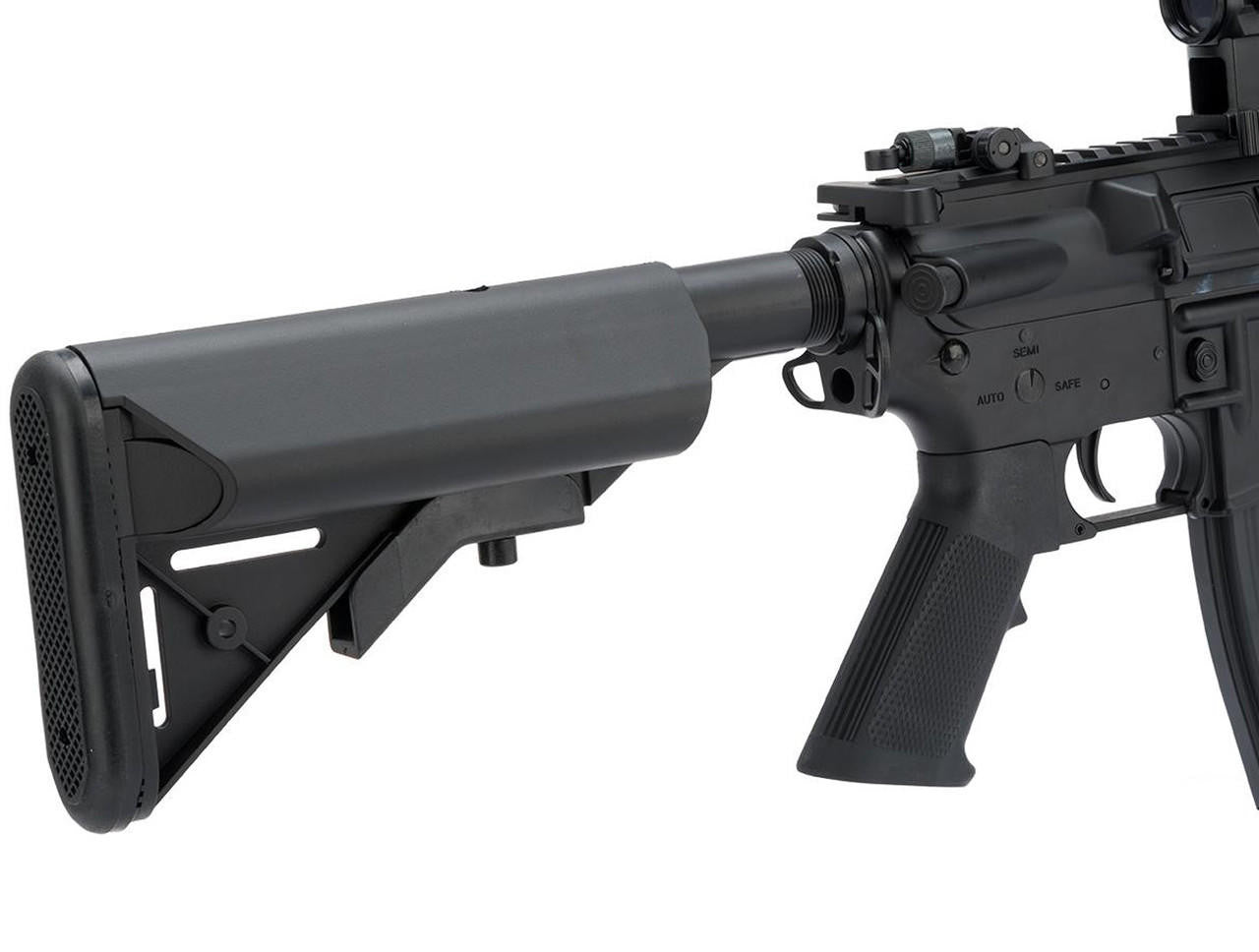 Colt M4A1 Full Metal Keymod AEG - right side view of extended stock, p pistol grip, trigger and firing mode switch