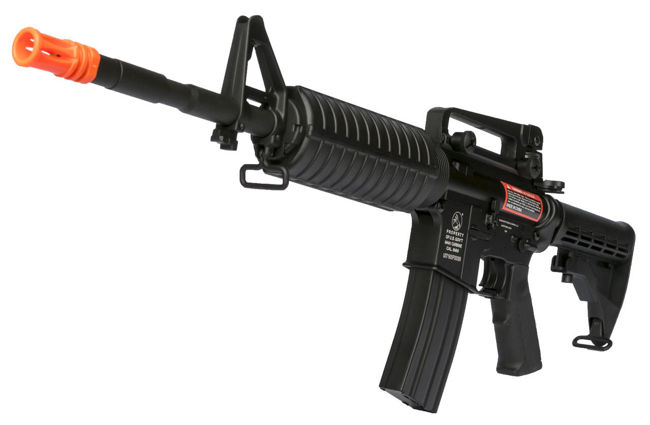 Colt M4A1 Full Metal AEG Airsoft Rifle - view of muzzle, sling clip, magazine, trigger, pistol grip, extendable stock, and carrying handle