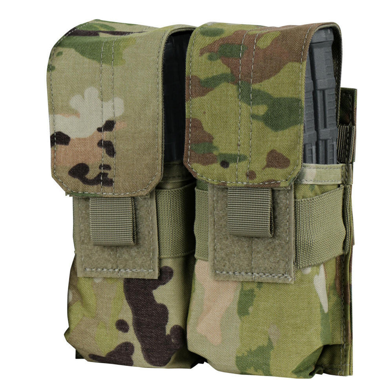 Condor Double M4 Magazine Pouch with Scorpion OCP, designed to hold four AR/M4 magazines, featuring durable nylon fabric, open-top design with elastic bands, and MOLLE compatibility for secure attachment to tactical gear.