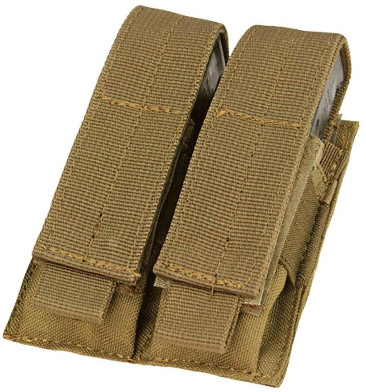 "Condor Double Pistol Magazine Pouch in Coyote, designed to hold two pistol magazines, featuring durable construction, adjustable and removable hook-and-loop flap, elastic retention keeper, and MOLLE compatibility.