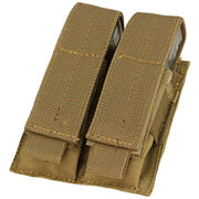 "Condor Double Pistol Magazine Pouch in Coyote, designed to hold two pistol magazines, featuring durable construction, adjustable and removable hook-and-loop flap, elastic retention keeper, and MOLLE compatibility.