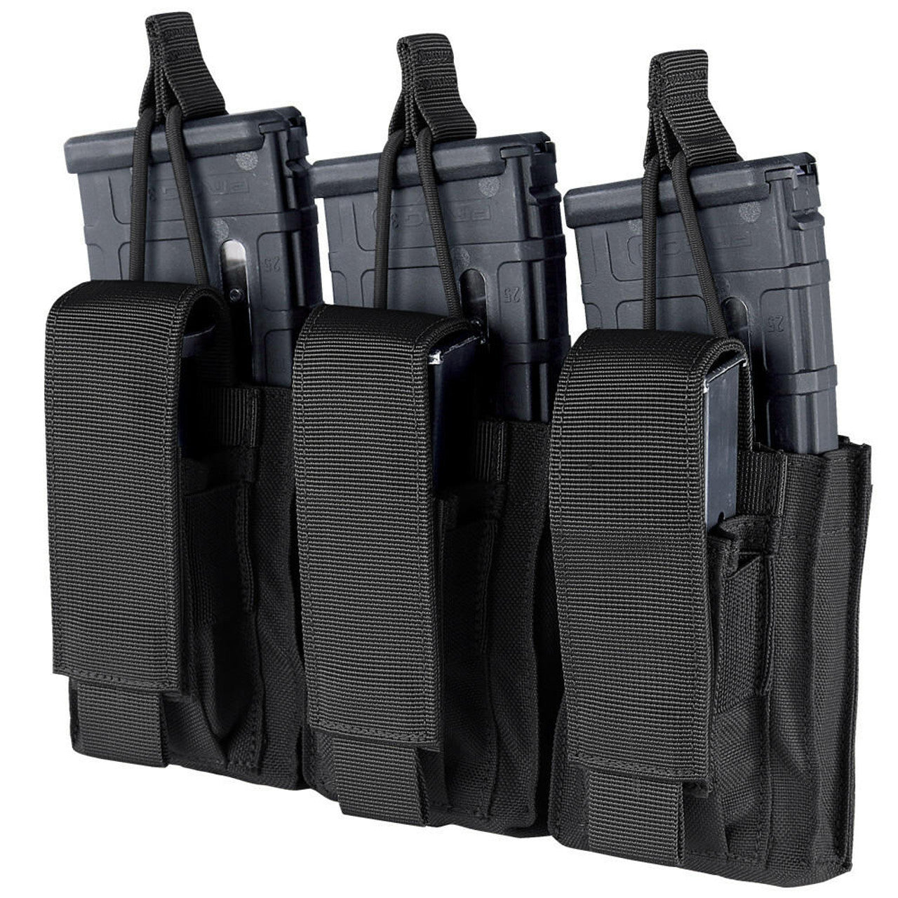 Condor Gen 2 Triple Kangaroo Mag Pouch in black, featuring three compartments for AR/M4 and double-stack pistol magazines. Made from durable 1000D nylon with MOLLE compatibility and secure retention straps.