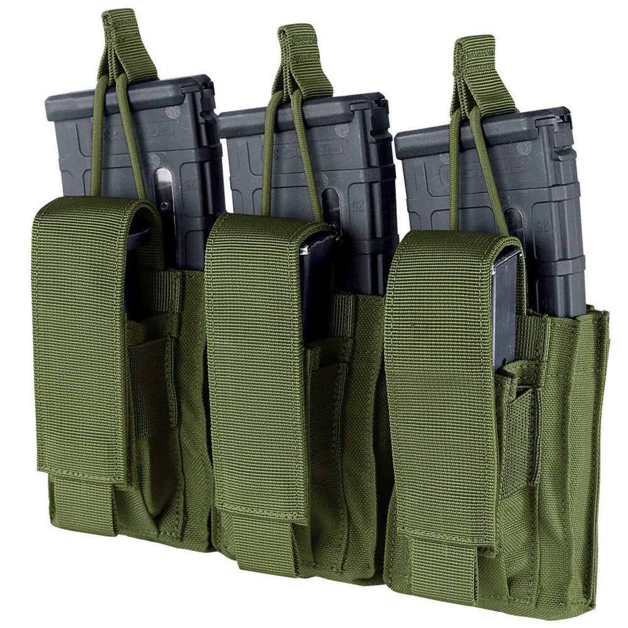 "Olive Drab Condor Gen 2 Triple Kangaroo Mag Pouch, lightweight at 0.68 lbs (0.31 kg), holds 3 AR/M4 and 3 pistol magazines securely, made from durable ballistic nylon, MOLLE compatible with adjustable bungee cord retention.