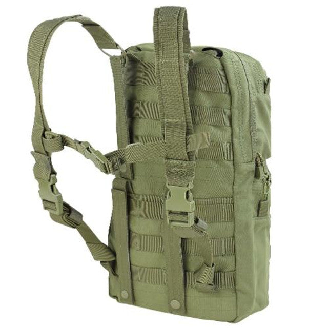 Close-up of Condor HCB2 MOLLE Hydration Carrier with adjustable straps and hydration tube outlet, OD Green