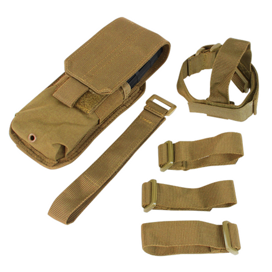 "Coyote-colored Condor M4 Buttstock Magazine Pouch, lightweight at 0.15 lbs (68 grams), made from durable ballistic nylon, compatible with M4/M16 stocks, holds one AR/M4 magazine securely.