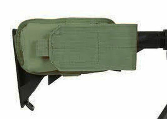 Condor M4 Buttstock Magazine Pouch in OD Green, designed to hold one M4 magazine, featuring durable construction, adjustable hook & loop flap,