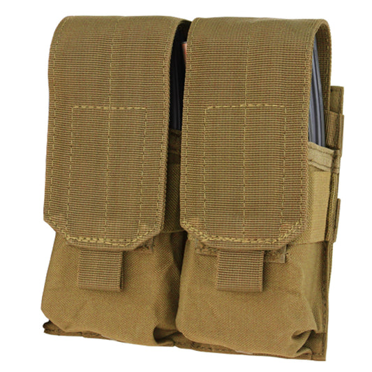 "Condor MOLLE Double M4 Magazine Pouch in Coyote Brown, designed to hold up to two M4 magazines, featuring durable construction, open-top design, and adjustable bungee cord retention system.