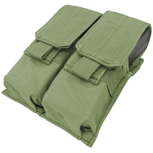 Condor MOLLE Double M4 Magazine Pouch in OD Green, designed to hold up to two M4 magazines, featuring durable construction, open-top design, and adjustable bungee cord retention system.