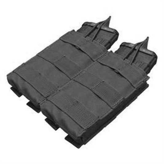 "Condor MOLLE Double M4/M16 Open Top Magazine Pouch in Black, designed to hold up to two M4 or M16 magazines, featuring durable construction, open-top design, and adjustable bungee cord retention system.