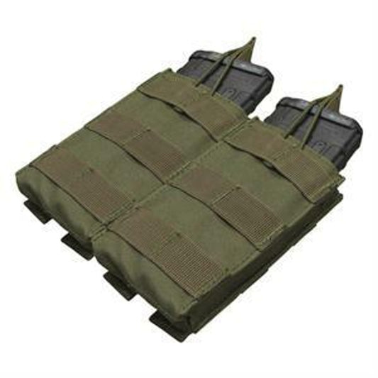 Condor MOLLE Double M4/M16 Open Top Magazine Pouch in OD Green, designed to hold up to two M4 or M16 magazines, featuring durable construction, open-top design, and adjustable bungee cord retention system.