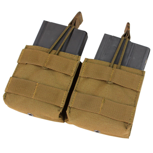 Condor MOLLE Double Open-Top M14 Mag Pouch in Coyote color, featuring an open-top design with elastic bands for securing M14 magazines. Made from durable 1000 Denier Cordura nylon and MOLLE compatible for flexible attachment options