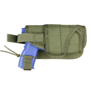 Condor MOLLE Horizontal Tactical Holster in OD Green, featuring adjustable straps, a quick-release buckle, and MOLLE compatibility for secure and versatile pistol carry