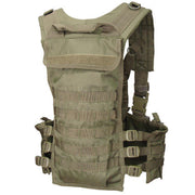 Condor MOLLE Modular Chest Rig in OD Green showing adjustable straps, multiple MOLLE attachment points, and hydration bladder compartment