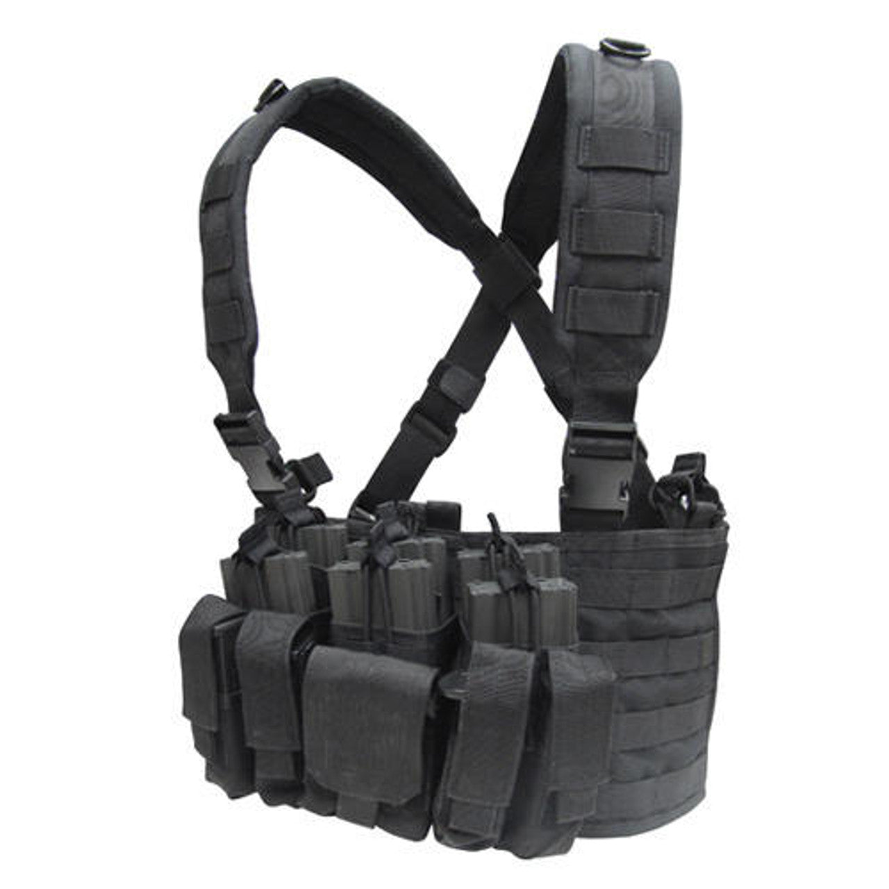 Condor MOLLE Recon Chest Rig in Black – Tactical chest rig featuring MOLLE webbing, quick-release buckles, and multiple pouches for airsoft and outdoor use.