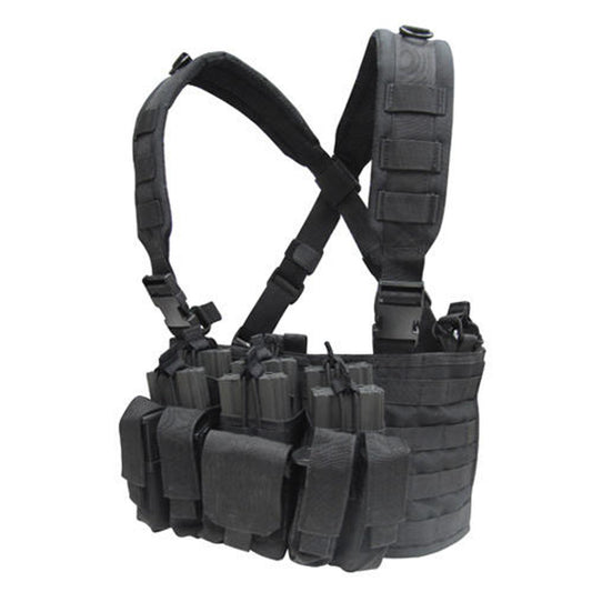 Condor MOLLE Recon Chest Rig in Black – Tactical chest rig featuring MOLLE webbing, quick-release buckles, and multiple pouches for airsoft and outdoor use.