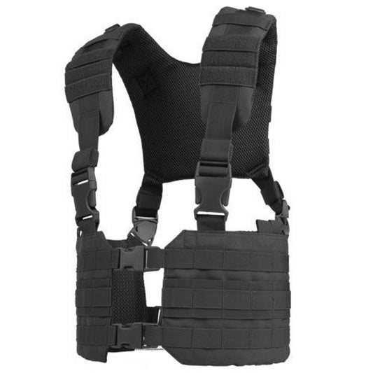Condor MOLLE Ronin Chest Rig in Black – Tactical chest rig featuring quick-release buckle, adjustable H-harness, and MOLLE webbing for modular attachments.
