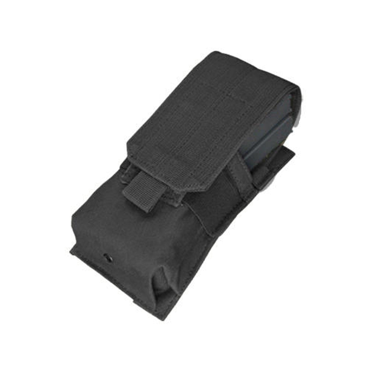 Condor MOLLE Single M4 Magazine Pouch in black, designed to hold one M4/M16 magazine. The pouch features a hook and loop flap closure and is MOLLE compatible for easy attachment to tactical gea