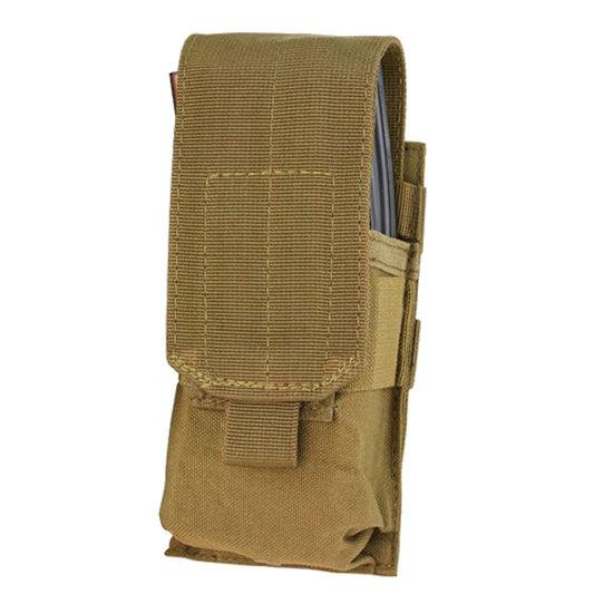 "Condor MOLLE Single M4 Magazine Pouch in Coyote, designed to hold one M4 magazine, featuring durable construction and adjustable flap with hook and loop closure for secure fit and easy access.