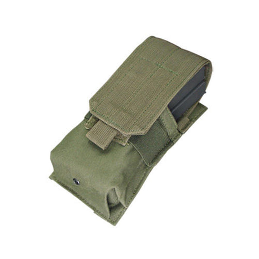 "Condor MOLLE Single M4 Magazine Pouch in OD Green, designed to hold one M4 magazine, featuring durable construction, open-top design, and adjustable bungee cord retention system.