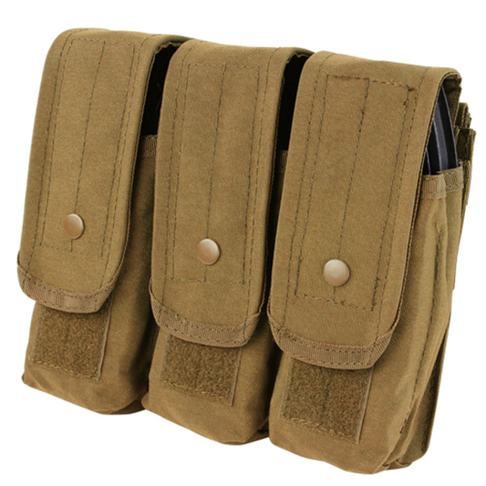 Condor MOLLE Triple AR/AK Mag Pouch in Coyote Brown, showcasing its durable construction with adjustable retention straps and MOLLE compatibility. The pouch holds up to three AR or AK magazines and measures 7.5 inches in height, 9.5 inches in width, and 3.5 inches in depth.