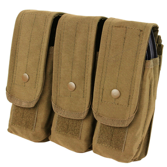 Condor Triple AR/AK Magazine Pouch designed to hold six AK magazines or nine M4 magazines, featuring durable construction, hook-and-loop flap closure with snap, and MOLLE compatibility.