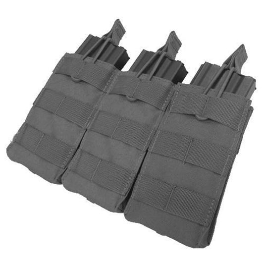 "Condor MOLLE Triple M4/M16 Open Top Magazine Pouch in Black, designed to hold up to three M4 or M16 magazines, featuring durable construction, open-top design with elastic bands, and MOLLE compatibility.