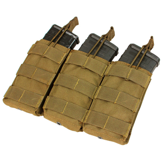 "Condor Triple M4/M16 Open Top Magazine Pouch, designed to hold up to three M4 or M16 magazines, featuring durable construction, open-top design, and elastic band retention system