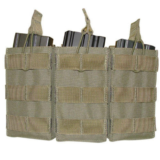 "Condor MOLLE Triple M4/M16 Open Top Magazine Pouch in OD Green, designed to hold up to three M4 or M16 magazines, featuring durable construction, open-top design with elastic bands, and MOLLE compatibility